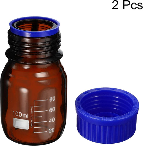 PATIKIL 100mL Reagent Media Bottle, 2Pcs Round Graduated Glass Storage Bottle Blue Screw Cap for Chemistry Lab Universities Home, Amber...