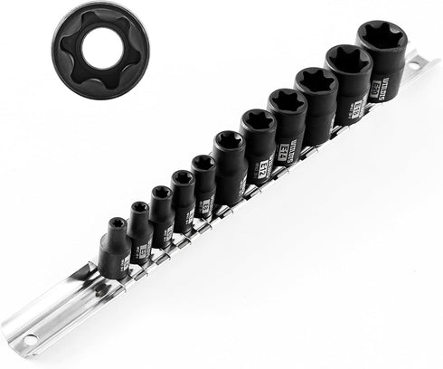 11PCS Female Torx Socket Set, E-Torx Socket Set with Rail,1/4" and 3/8" Drive, Female External Star Socket Set E4 - E20 Torque Socket Set...