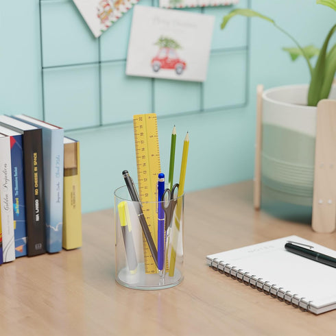 Clear Acrylic Cylinder Pen Holder with Anti-slip Silicone, Round Makeup Brush Storage, Desk Organizer for Office, Home, School Supplies...