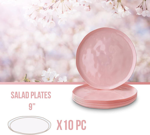SILVER SPOONS Pink Plastic Appetizer Plates for Party, (10 PC) Heavy Duty Disposable Dinner Set, 9”, Fine China Look Dishes, Great for Baby Shower...