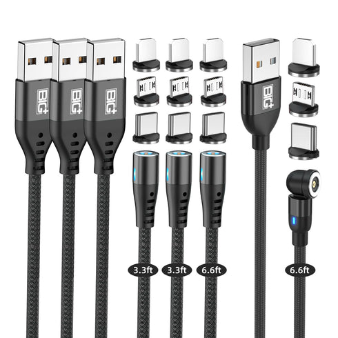 Magnetic Charging Cable 4 Pack- (6.6ft/6.6ft/3.3ft/3.3ft) 360° 3-in-1 Magnetic USB C Charging Cable | LED Light Nylon Braided Magnetic Cable for i...