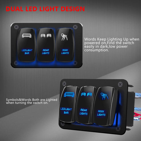 DaierTek LED Light Bar Switch Panel, 3 Gang Rocker Switch Panel, 12V Toggle Switch Panel for Truck Car RZR Jeep RV Automotive Marine Boat Blue 12 ...