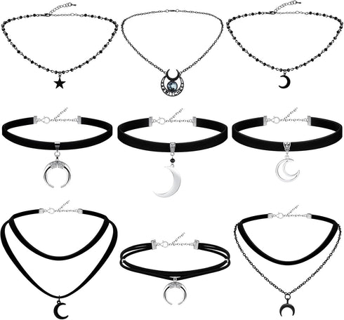 9 Pcs Gothic Choker Necklace Black Star Moon Choker Gothic Necklace Goth Choker Y2k Moon Necklace Rock Necklace Vintage Necklace Christmas New Yea...