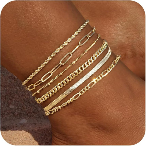 Gold Ankle Bracelets for Women Waterproof 14K Gold Plated Anklets Layered Cuban Link Chain Herringbone Cute Anklets Set Pack Dainty Summer Beach J...