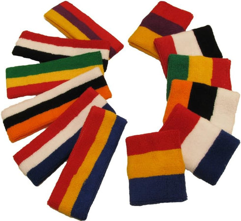 3 Color Striped Terry Sports Sweat Headband, Wristband Set...