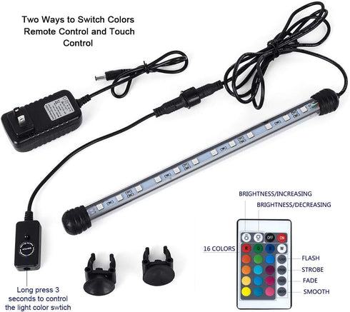 MQ 8 in Submersible LED Aquarium Light, 1.2W Color Changing Fish Tank Light with Remote Control, IP68 Crystal Glass 9 LEDs Lights Bar, for Fish Ta...