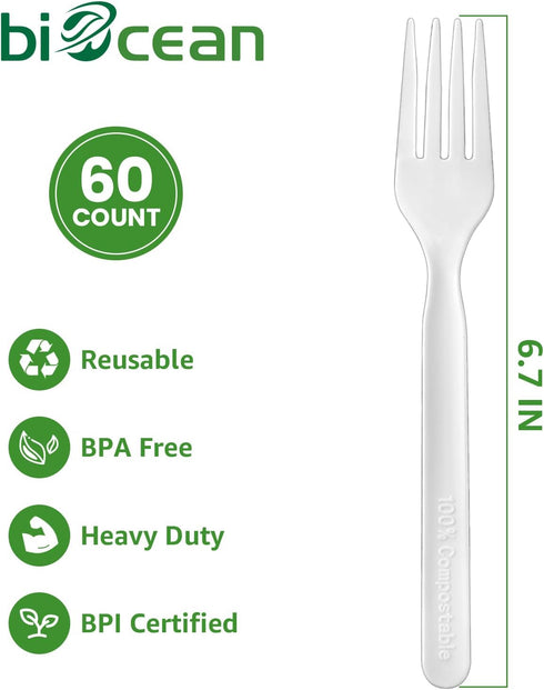 100% Compostable Forks 60 Count Disposable Forks Heavy Duty Utensils Set Fork Silverware Eco Friendly Flatware Plastic Free for Party Camping Picn...