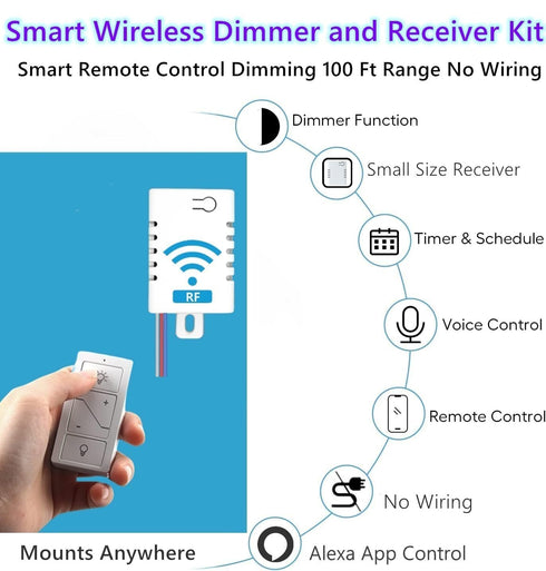 Smart Wireless Light Switch, Dimmer Switch & Receiver Kit No Wiring Wireless Remote Control Switch,Remote & Voice Control,Bluetooth Work with Amaz...