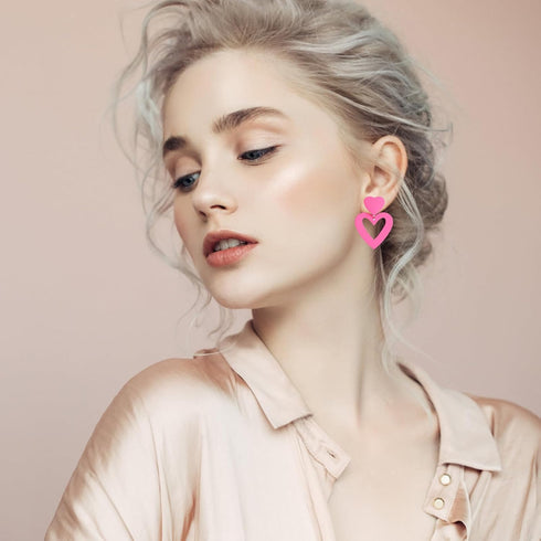 2 Pairs Hot Pink Heart Earrings For Women Red Baublebar Earrings Acrylic Candy-colored Earrings Lightweight Double Love Heart Drop Earrings B...