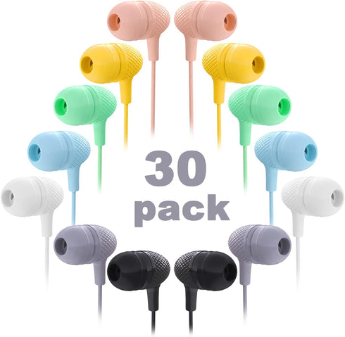 Kids Earbuds Bulk 30 Pack Macaron Colors Mixed, Wholesale Durable Earphones in-Ear Headphones Perfect for Schools Classrooms Students Teens Childr...
