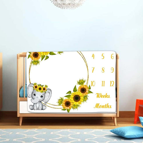 Sunflower Baby Age Blanket, Cartoon Elephant White Baby Growth Chart Memory Blanket, 48x40 Inch Newborn Swaddling Blanket Monthly Baby Milestone B...