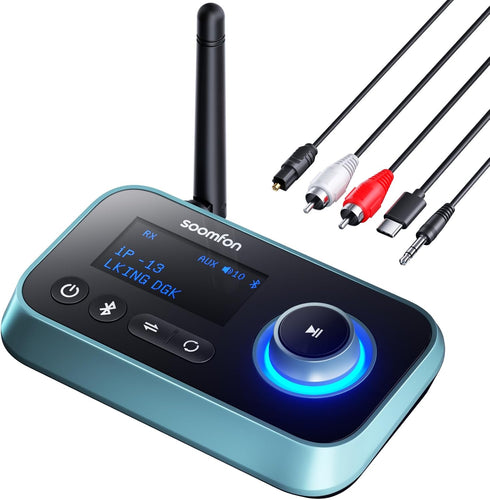 Bluetooth Transmitter Receiver - SOOMFON 3-in-1 Bluetooth 5.0 Audio Adapter for 2 Headphones with LCD Display Adjustable Volume, Optical AUX RCA B...