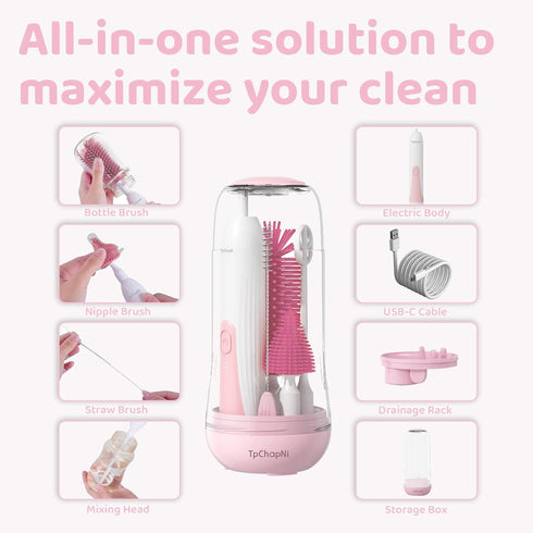 Electric Travel Baby Bottle Brush Set, Electric Bottle Brush Cleaner, Silicone Bottle, Nipple and Straw Brush, Stirring Disperser, Drainage Rack, ...