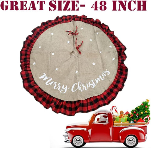 AISENO 48 Inch Christmas Tree Skirt Linen Burlap Buffalo Plaid Edge Decoration for Merry Christmas Party Red and Black Buffalo Christmas Tree Skir...