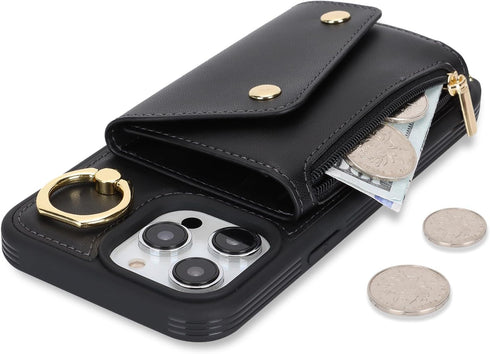 for iPhone 12 Pro Max Case with Card Holder and Strap - Zipper Pocket,Crossbody Lanyard Strap,Credit Card Holder,Stand Ring,Cute Phone Wallet Case...