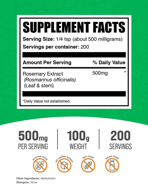 BulkSupplements.com Rosemary Extract Powder, from Rosemary Herb - Herbal Supplement, Gluten Free, 500mg per Serving, 100g (3.5 oz) (Pack of 1)...