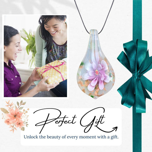 Handmade Murano Inspired Blown Glass Lampwork Art Flower Teardrop Necklace Pendant for Women ? Handcrafted Artisan Hypoallergenic Italian Style Je...