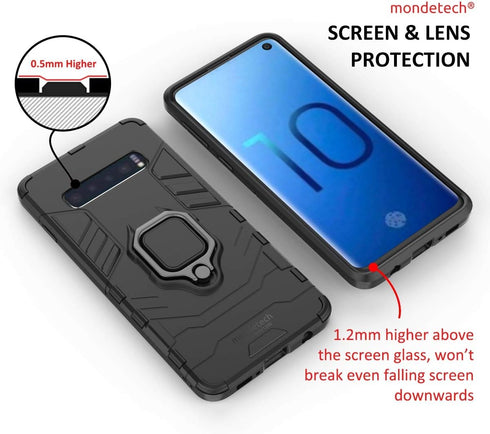 for Samsung Galaxy S10 Case with Screen Protector, Slim Tough Drop Protection with Ring Stand, Magnetic Holder Compatible, Tempered Glass Film, Ou...