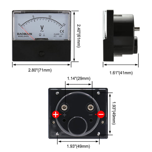 Baomain Voltmeter DH-670 AC 0-15V Rectangular Class 2.5 Analog Panel Volt Voltage Meter...