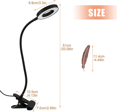 LED Clip On Light Reading Light, 10 Dimmable Brightness Gooseneck Clamp Desk Ring Light with Metal Bookmark for Reading Makeup Bedside (Size:Lamp+...