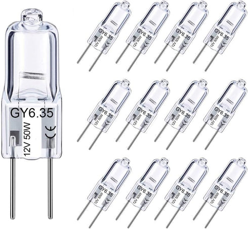 GY6.35 Halogen Bulb 50W, 12 Pack Dimmable GY6.35 Light Bulb Q50/CL/GY6/12V/T3/T4 JC Type GY6.35/G6.35 Bi-pin Base AC/DC 12V Warm White 2700K Singl...