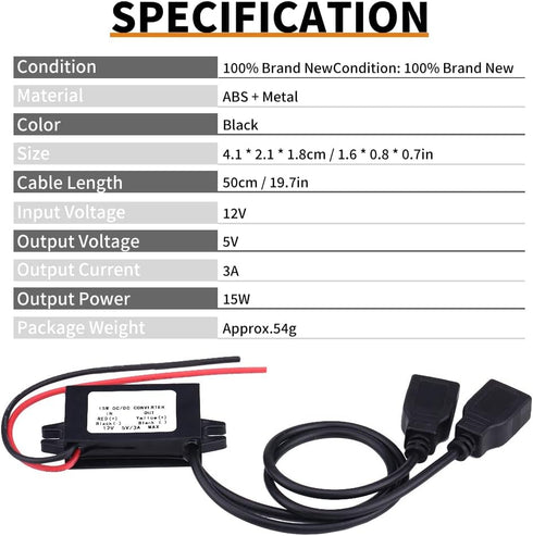 Keenso Waterproof DC Converter 3A DC 12V to DC 5V Dual USB Adapter Converter Module Dual Power Adapter DC to DC Buck Converter Step Down Power Sup...