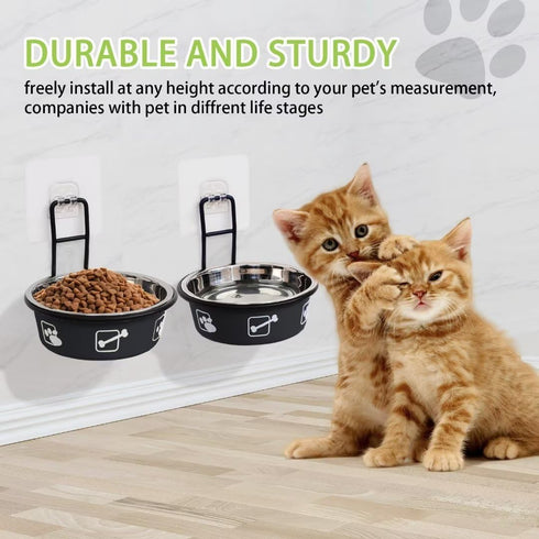 Wall Mounted Cat Food Bowl, Adjustable Elevated Cat Food and Water Bowls, Stainless Steel Hanging Pet Bowls with Stand, Nonslip Pet Feeding Bowls,...