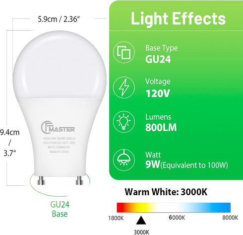 GU24 LED Light Bulb, 3000K Warm White, 9W(100W Equivalent), 800 Lumens, A19 Shape GU24 LED Bulbs, Twist and Lock GU24 Pin Base with Two Prongs, No...