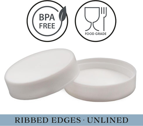 Cornucopia Brands Regular Mouth Plastic Mason Jar Lids, Unlined (24-Pack); Standard Size 70-450 White Plastic Caps for Mason Jars...