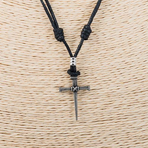 BlueRica Nail & Cross on Adjustable Black Cord Necklace (Old Silver Finish)...