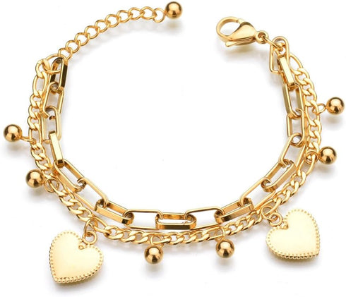 LUREME 18K Gold Stainless Steel Multi Chains Bracelet with Ball and Heart Charms for Women...