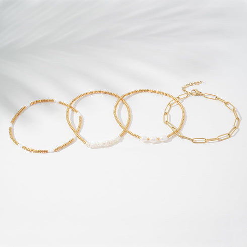 Gold Pearl Beaded Bracelets for Women Stackable Set, Elegant Delicate Paperclip Link Stretch Chain Summer Bracelet Dainty Trendy Gold Jewelry Birt...