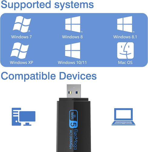 USB WiFi Adapter, ElecMoga 1300Mbps WiFi Dongle USB 3.0 Dual Band 5G/2.4G Wireless Network Adapter for Desktop Laptop PC, Dual 5dBi Antennas, Supp...