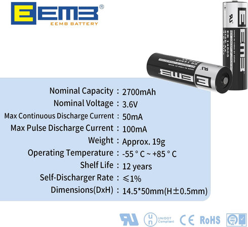 EEMB ER14505 Nonrechargeable 3.6V Lithium Battery Li-SOCL? AA Size 2600mAh High Capacity UL Certified Single-Use 3.6V Lithium Thionyl Chloride Bat...