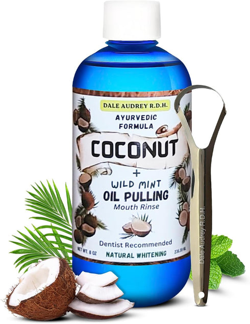 Coconut Pulling Oil for Teeth and Gums with Metal Tongue Scraper | Mint Coconut Oil Pulling for Teeth Whitening Mouthwash | Ayurvedic Teeth Pullin...