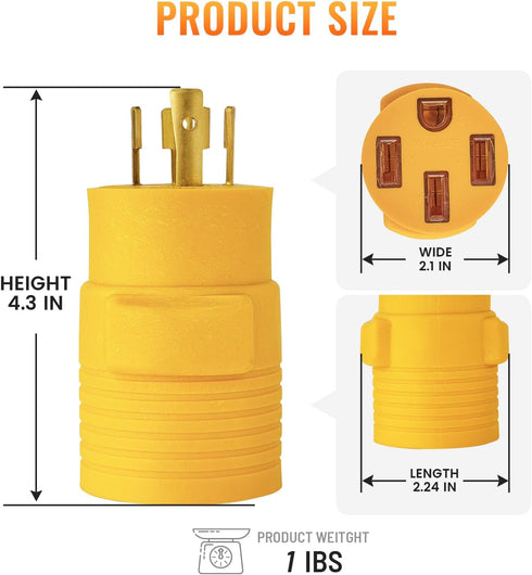 NEMA L14-30P to 14-50R RV Generator Adapter, 30 Amp to 50 Amp Twist Locking Generator 4 Prong Male Plug to 4 Prong RV Female, Heavy Duty for RV Tr...