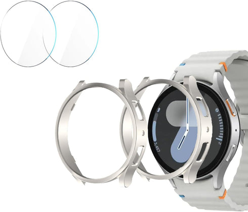 2 Pack Case for Samsung Galaxy Watch 7 Screen Protector,Waterproof Tempered Glass Screen Protector Accessories Hard PC Protective Cover Bumper for...