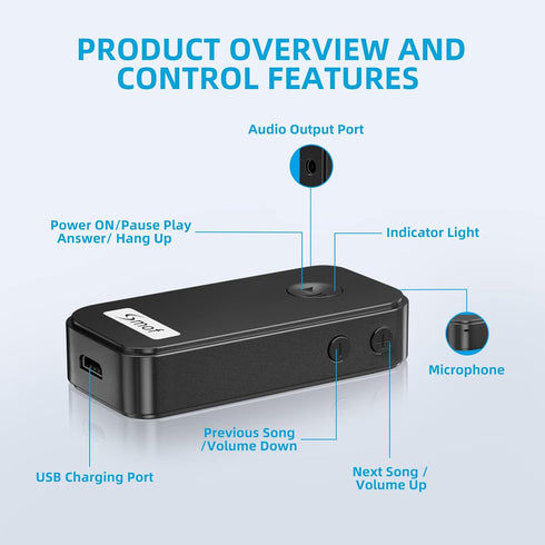 Smof Aux Bluetooth Adapter for Car,Bluetooth 5.0 Receiver/Portable Hands-Free Call/Car Stereo Music/Noise Cancelling/Wireless Audio Adapter with M...