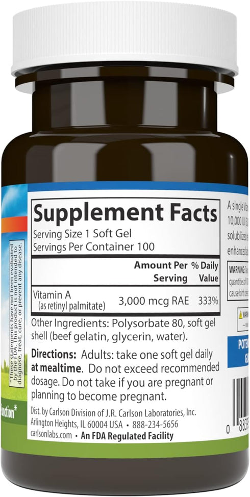 Carlson - Vitamin A Solubilized, 10000 IU (3000 mcg RAE), Water Soluble, Vision Health, 100 Softgels...