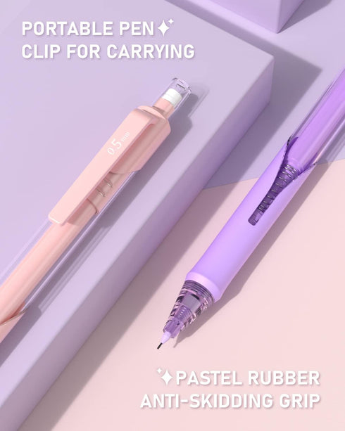 8PCS 0.5 & 0.7 mm Pastel Mechanical Pencil With Case -Never Click, Lead Pencils with 16 Tubes HB Lead Refills, Erasers for School Kids & Student D...