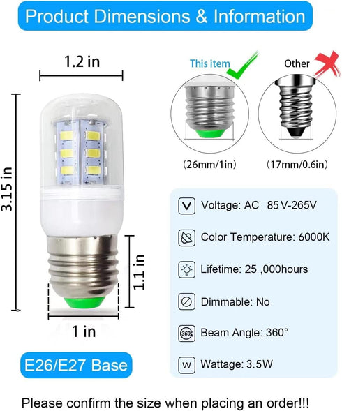 E26 LED Refrigerator Light Bulb 3.5W, 40W Equivalent, Daylight White 6000K 500LM, 25,000 Hour Lifetime, Non-Dimmable Energy Saving ac 100 265v Ref...