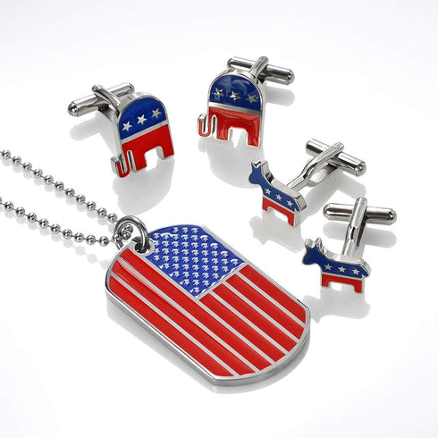 Patriotic American USA Red White Blue Animal Donkey Elephant Shirt Cufflinks For Men Symbol of Democrat Republican Party Political Enamel Three To...