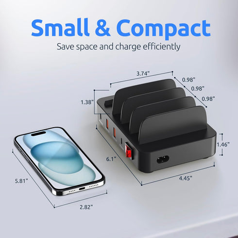 5-Port USB-C Fast Charging Station for Multiple Devices - Compatible with Phone, iPad, Tablet - Multi Device Family Charging Organizer with Free A...
