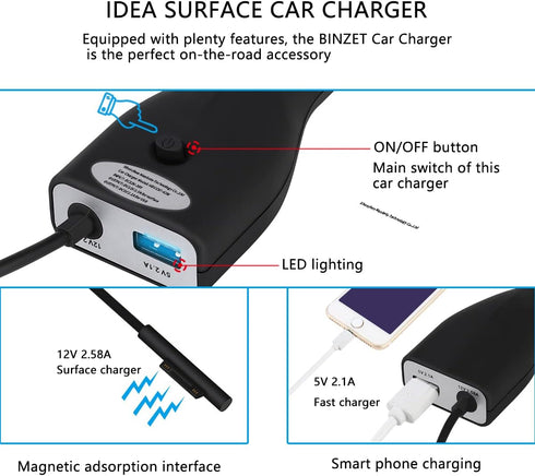 Surface Car Charger, 42W 12V 2.58A Power Supply for Microsoft Surface Pro 3/Pro 4/Pro 5/Pro 6, Surface Book, Surface Go, Surface Laptop with 5V 2....