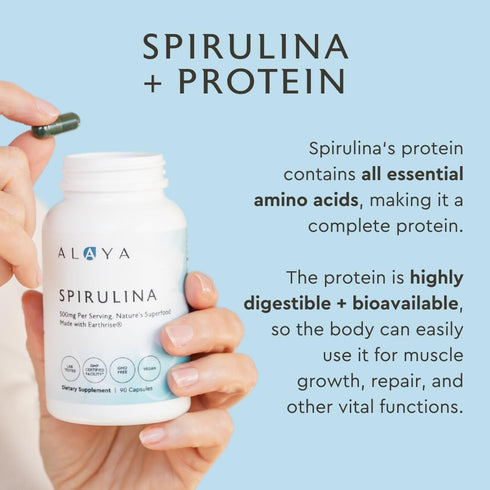 Alaya Naturals - Pure Spirulina Capsules - Made with Earthrise Spirulina, Blue Green Algae Superfood - Non-GMO & Vegan - 500 mg, 90 Capsules...