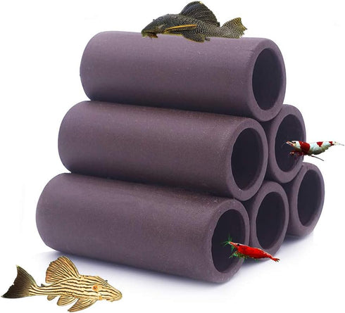 Aquarium Cave Handmade Brown Ceramic Shelters - Shrimp and Small Fish Habitat, Breeding Tube, Hiding cave - Hideaway Pipes Reduce Stress, Encourag...