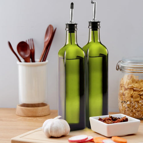 Glass Olive Oil Dispenser, Green Oil and Vinegar Cruet Bottle 17 oz/500 ml, Square Tall Glass Oil Container with 2 Stainless Steel Pourers, 2 Labe...