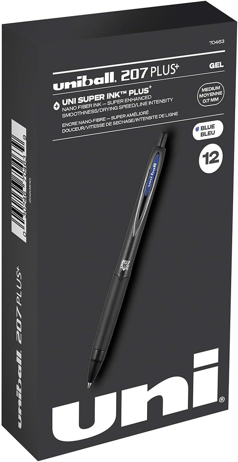 uniball 207 Plus+ Retractable Gel Pens 12 Pack in Blue with 0.7mm Medium Point Pen Tips - Uni-Super Ink+ is Smooth, Vibrant, and Protects Against ...