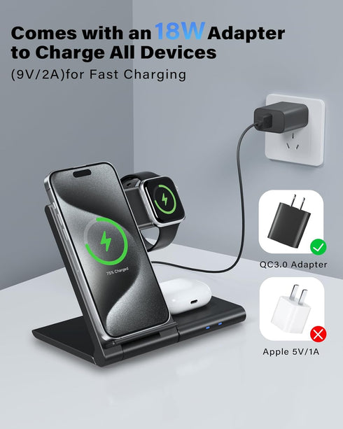 Wireless Charger 3 in 1 Wireless Charging Station for iPhone 15 14 13 12 11 Pro Max XR XS,Fast Wireless Charging Stand Dock for Apple Watch 9 Ultr...