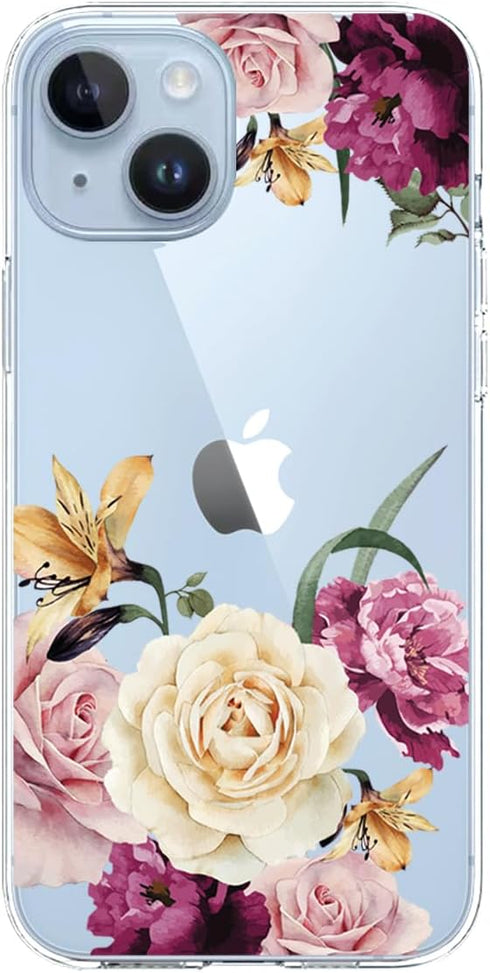 Designed for iPhone 15 Case, for Girls Woman, Clear Cute Pink Purple Floral Flowers Design Hard Back Soft Bumper Shockproof Protective Phone Cover...